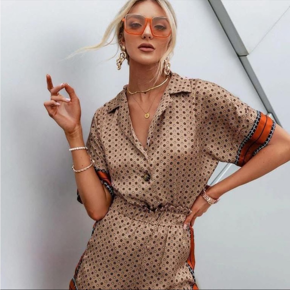 SHEIN Patterned Button-Up Top and Shorts Satin Set